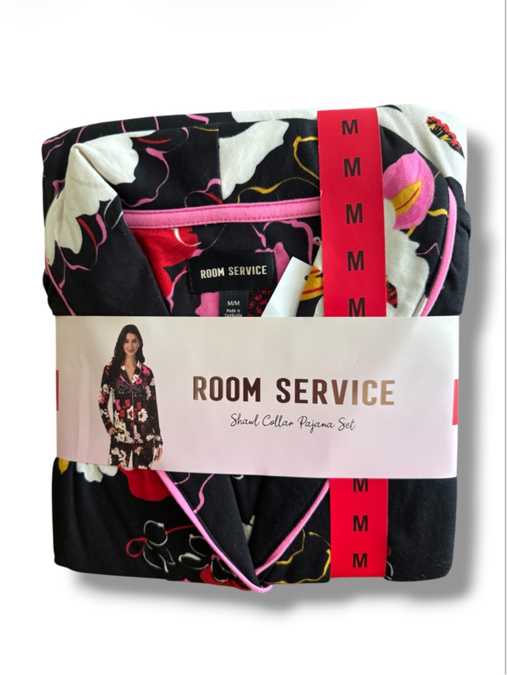 Room Service Floral Shawl Collar Pajama Set - Black & Pink